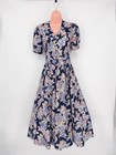 Vintage Laura Ashley Navy Floral Cotton Midi Tea Dress Uk 10 Puff Sleeve