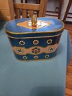 Vintage Mix Century English Oval Tin Container Blue  Gold Flowers Multicolor