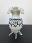 Beautiful Antique Footed Ruffled Top Vase  hand Painted W  Cream  Blue  And Gold