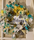 Wall door Decor  Handmade Rag Wreath  Yellow teal  welcome   Wind Chimes
