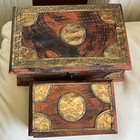 Vintage Wooden Jewelry Trinket Box Set With Brass Inlay   Latch Handmade