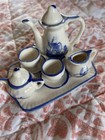 Vintage 10 Pc  Miniature Hand Painted Delft Blue Tea Set Windmill Pattern