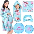  5 Pcs Mommy And Me Robe Swaddle Headband Cap Set Including X-large Blue
