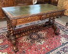 Antique French Desk Leather Top Writing Table Double Barley Twist Tiger Oak 1880