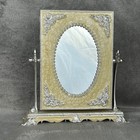 Vintage Style Enameled Tilting Vanity Mirror Cream Silver Floral Faux Pearl