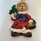 Vintage Folk Art Resin Christmas Santa Girl Bear With Tree Ornament Painted 3 5 