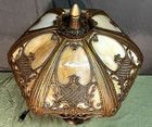 Antique Art Nouveau Slag Glass 6 Paneled Lamp Metal Filigree Overlay