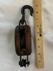 Antique Single Wheel Wood Pulley W iron Hook  Overall Length Is 9 Inches
