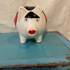 Black And White Ceramic Girl Pig Piggy  coin Bank Vtg Pigtails Bangs Red Bows