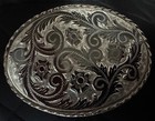 Vtg Western Belt Buckle Silver-tone Etched Floral Western Usa Enamel