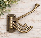 Antique Brass 3 Arm Swivel Wall Hooks Vtg Swing Coat Towel Hooks 4 Hooks