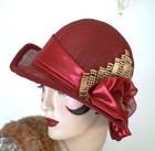 Designer 1920s Vintage Style Flapper Wide Brim Costume Burgandy Hat