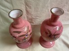 Pair Of Vintage Victorian Pink Bristol Glass Hand Painted Vases