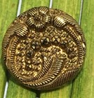 Antique Black Glass Button Floral Lacey Gold Foil Relief Bead Tunnel Shank 1 2 
