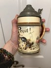 Antique Handmade German Mettlach Pottery Pewter Lid Beer Stein Mug  damaged 
