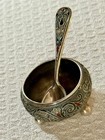 Antique Russian 84 Silver Enamel Salt Cellar   Spoon By Gustav Klingert
