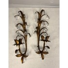 Vtg 1970s Hollywood Regency Gold Tole Wall Candle Sconces Prisms Italy Pair