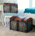 Vintage Style Wooden Trunk Chest  Floral Pattern  Blue brown With Metal Accents 