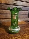 Antique Bohemian Harrach Green Art Glass Vase Enameled   Gold Thistle 6  Tall