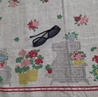 1950s Simtex Hand Printed Tablecloth Geraniums Wood Stove 42x48 Memories Vintage