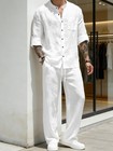 Mens Linen 2 Piece Set Button Shirt Drawstring Pants Summer Beach Casual Outfit