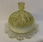 Jefferson Glass Vaseline Opalescent Iris With Meander Covered Butter Dish