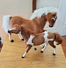 2 Vintage Real Fur hair Horse Figurine Toys Art Glass Eyes Beautiful 