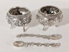 Anglo-indian Solid Silver Salt Cellars With Matching Entwined Naga Spoons 19th C