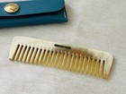 Hermes Buffalo Horn Portable Hair Comb Luxury Beige Blue Leather Case Accessory
