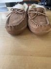 Ll Bean Men   s Suede Cognac Moccasin Slippers Size 11 And Lined With Sheepskin