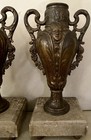 Pair French Art Nouveau Bronze Spelter Urns C1900 On Marble Bases Garnitures