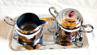 Vtg Chromium Sugar Creamer Set Tray Red Bakelite Finial Lid Cromwell Silver Co