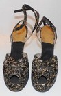 Fabulous Vintage 40s Black Gold Platform High Heel Peep Toe Shoes 5