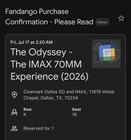 The Odyssey Imax 70mm Dallas Ticket Saturday July 18 2 30am Show K Row Seats 