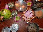 Vintage Lot Metal Aluminum Child Kitchen Play Pots Pans Dishes Baking Mismatched