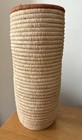 Hand Coiled Woven Grass Basket Vase 9 25  Cream Brown Tribal Art Home Decor