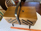 Vintage Wooden Accordion Sewing Box 3 Tier Chest Legs Poland With Contents