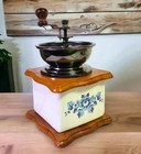 Vtg Blue   White Floral Coffee Mill Burr Grinder Porcelain  Wood  Blued Metal 