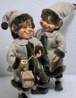 Pair Of 9  Karen Didion Christmas  Elf Figures In Brown Fur Coats With Birdhouse