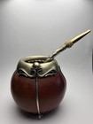 Traditional Argentinian Yerba Mate Gourd With Bombilla Silver Tone Intricate
