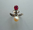 Victorian Era French Work 18k Gold Ruby Pearl Diamond Duchess Ring