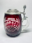 Ruby Red Cut Glass Beer Stein Pewter Lid Mid Century Hand Cut Vintage
