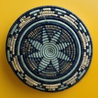 Vintage Hand Woven Flat Basket  Boho Natural  African  Tribal  Native     Indigo