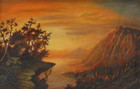 Antique Original Oil Painting Of A  Coastal   Seascape Sunset And Mountains