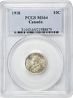 Canada  1918 George V Ten Cents  10 Cents  Pcgs Ms 64  5 133 602 Mintage 