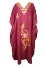Burgundy Kaftan Dress Floral Embroidery Boho Resort Cover Up Maxi Dress L-2x