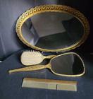 Vintage Ornate Gold Tone 4 Pc Dresser Vanity Mirror Nylon Brush Comb Tray Set