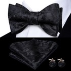 Black Bow Tie For Men Adjustable Self Tie Paisley Silk Bowtie Handkerchief Po   