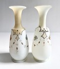 Matching Pair Antique Hand Painted Bristol Glass Vases Flowers   Butterflies 12   