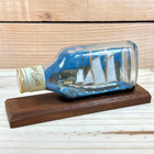 Vintage Maritime Folk Art Clipper Ship In A Bottle W landscape On Wooden Stand